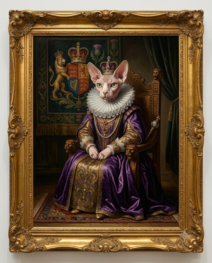 Custom royal pet portrait on canvas — cat painted as a queen with ornate gold baroque frame painted into the artwork