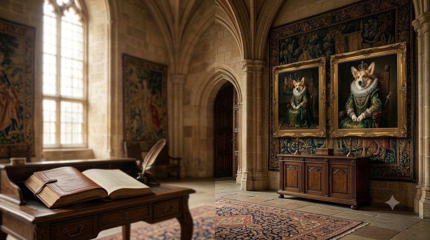 Two royal renaissance pet portraits in gold frames in a castle gallery — Noble Paws