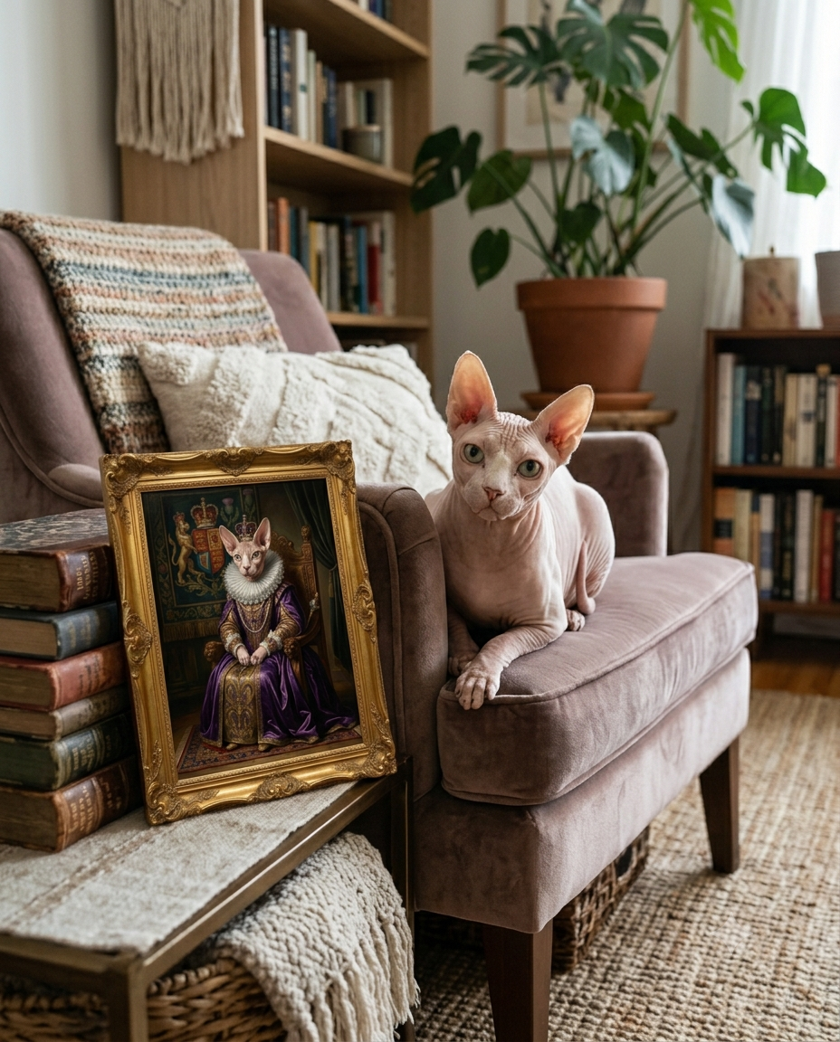 Sphynx cat lounging on an armchair beside its Noble Paws royal portrait