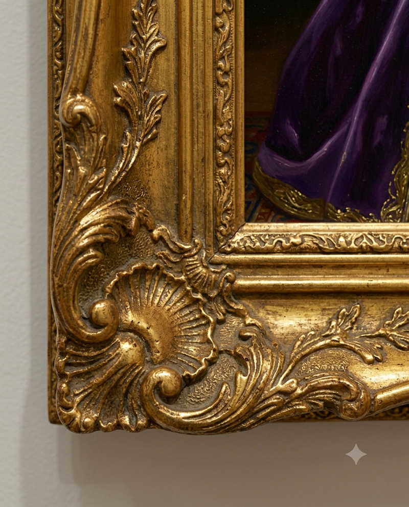 Gold Ornate finish — close-up of the baroque gold frame painted directly on the canvas