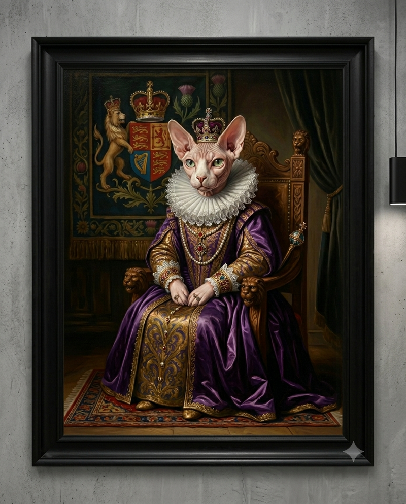 Royal pet portrait in a real black classic wood frame on a wall