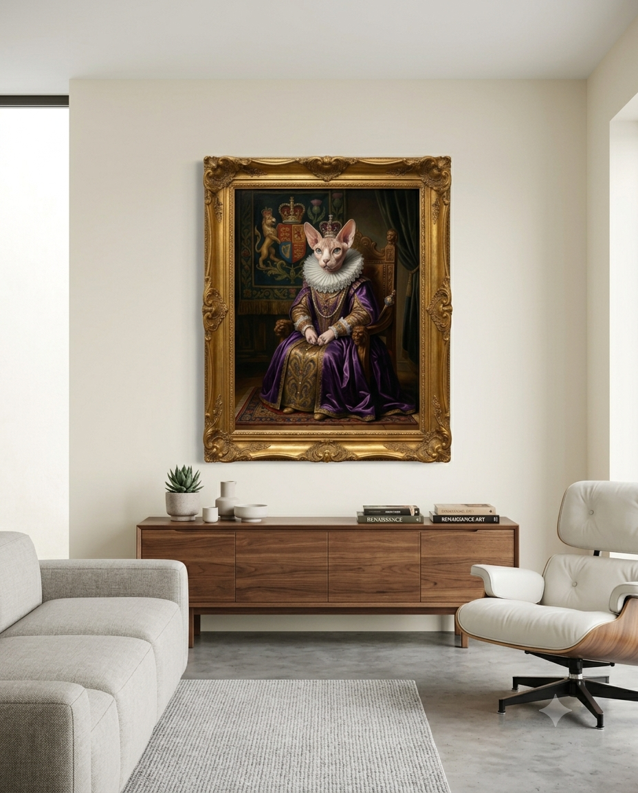 Framed royal pet portrait styled above a sideboard in a modern living room