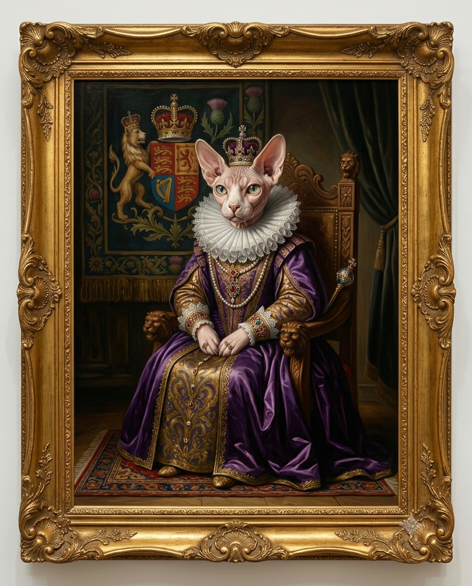 Custom royal pet portrait on canvas — cat painted as a queen with ornate gold baroque frame painted into the artwork